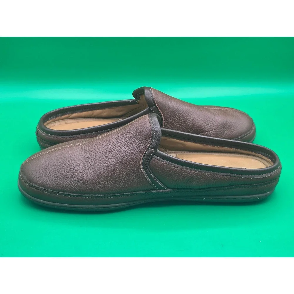 LL Bean Mens Handsewn Leather Slippers Brown Scuff House Shoes 13 M 272349